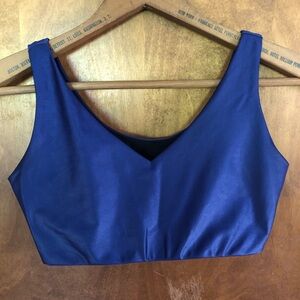 Emily Hsu Blue Lacquer V Neck Crop Sports Bra Bralette Metallic Active Yoga Gym